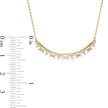 Alternating Baguette-Cut Peridot and 0.13 CT. T.W. Natural Diamond Curved Bar Necklace in 10K Yellow Gold