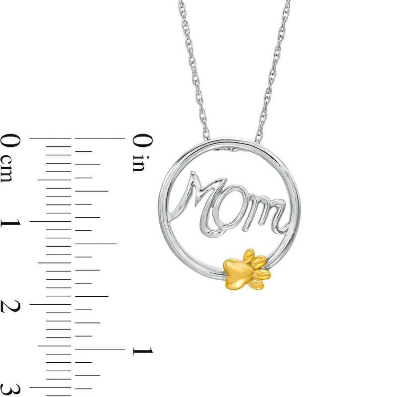 Cursive Mom" and Paw Print Circle Frame Pendant in Sterling Silver and 10K Yellow Gold"