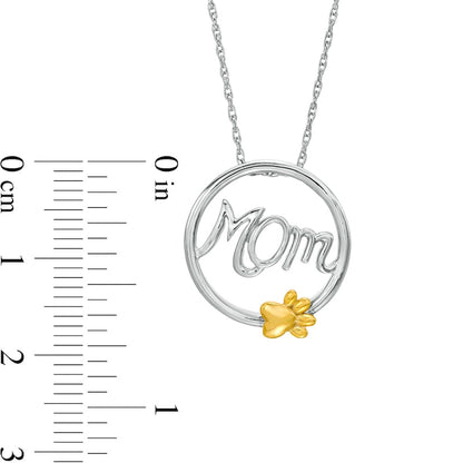 Cursive Mom" and Paw Print Circle Frame Pendant in Sterling Silver and 10K Yellow Gold"