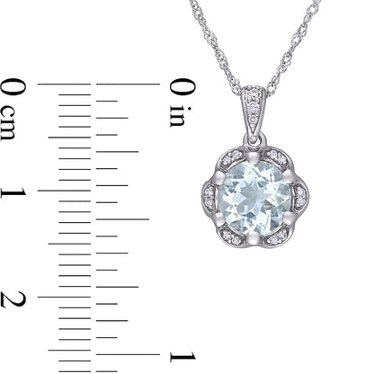 7.0mm Aquamarine and 0.05 CT. T.W. Natural Diamond Frame Flower Drop Pendant in 14K White Gold - 17