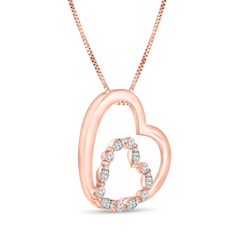 0.33 CT. T.W. Marquise and Round Natural Diamond Tilted Double Heart Outline Pendant in 10K Rose Gold