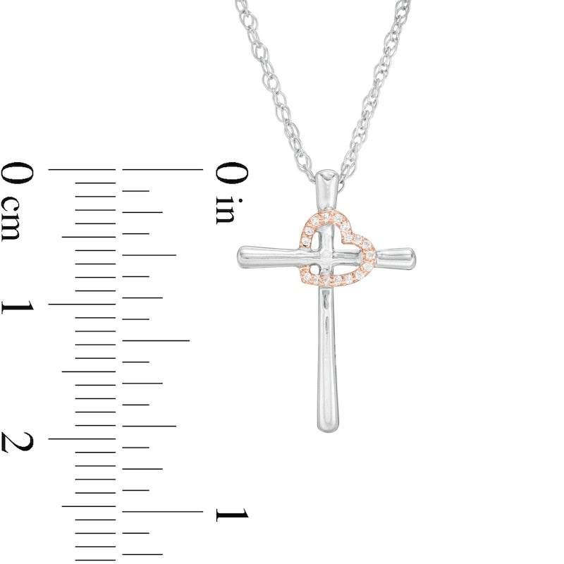 Natural Diamond Accent Cross with Tilted Heart Outline Pendant in Sterling Silver and 10K Rose Gold