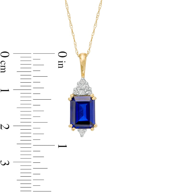 Emerald-Cut Lab-Created Blue Sapphire and 0.07 CT. T.W. Diamond Geometric Pendant in 10K Yellow Gold