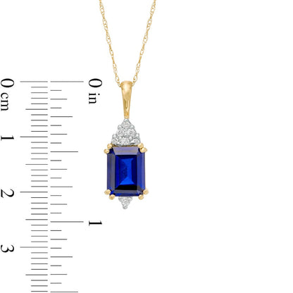 Emerald-Cut Lab-Created Blue Sapphire and 0.07 CT. T.W. Diamond Geometric Pendant in 10K Yellow Gold