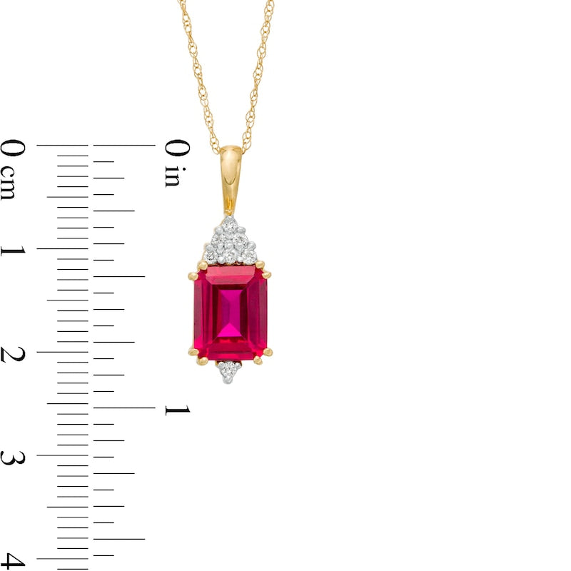 Emerald-Cut Lab-Created Ruby and 0.07 CT. T.W. Diamond Geometric Pendant in 10K Yellow Gold
