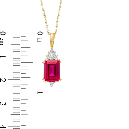 Emerald-Cut Lab-Created Ruby and 0.07 CT. T.W. Diamond Geometric Pendant in 10K Yellow Gold