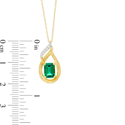 Emerald-Cut Lab-Created Emerald and Diamond Accent Flame Pendant in 10K Yellow Gold