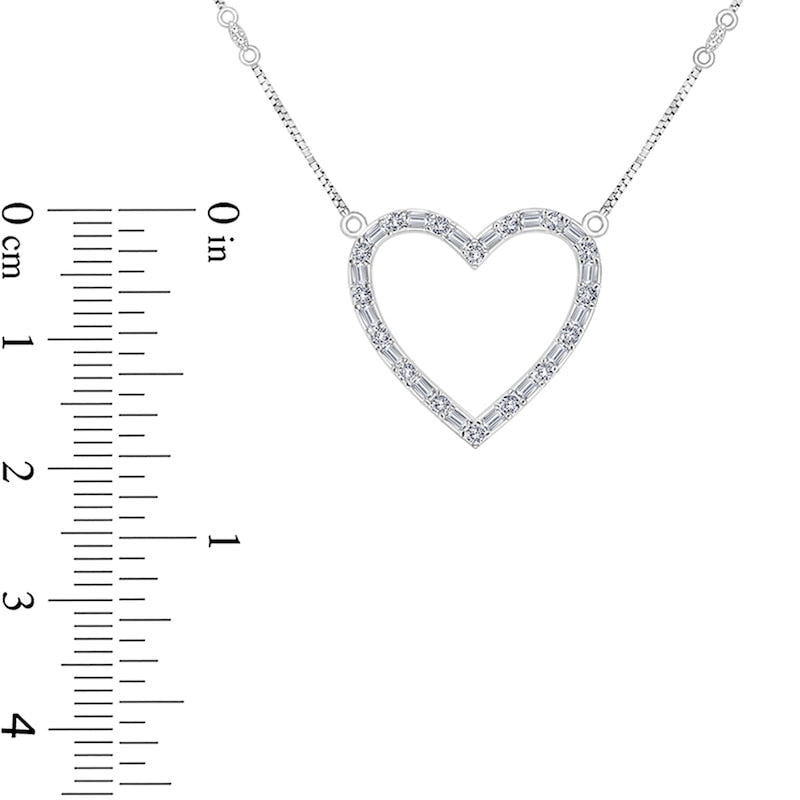 0.5 CT. T.W. Baguette and Round Natural Diamond Heart Outline Necklace in 10K White Gold