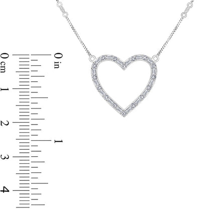 0.5 CT. T.W. Baguette and Round Natural Diamond Heart Outline Necklace in 10K White Gold