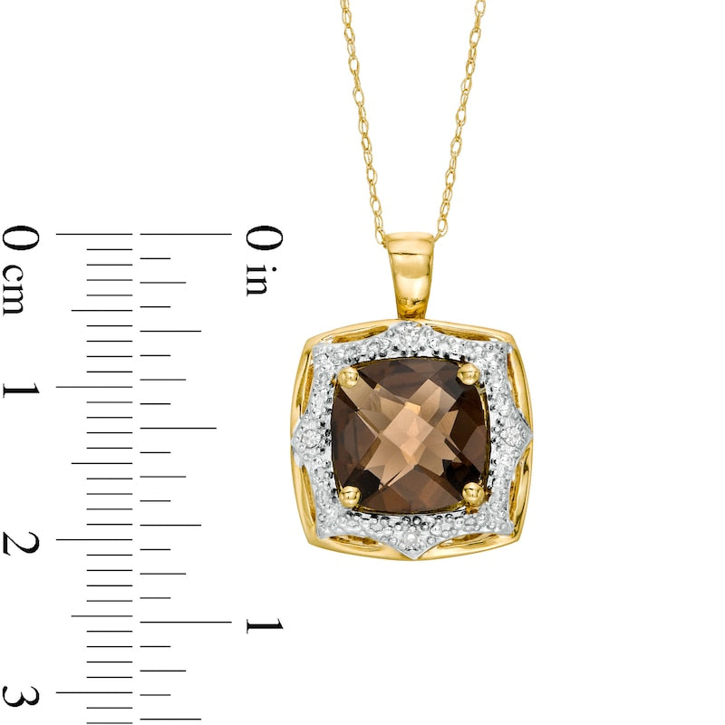 10.0mm Cushion-Cut Smoky Quartz and Natural Diamond Accent Sun Frame Pendant in 10K Yellow Gold