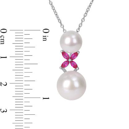 8.5-12.0mm Cultured Freshwater Pearl and Marquise Lab-Created Ruby X" Drop Pendant in Sterling Silver"