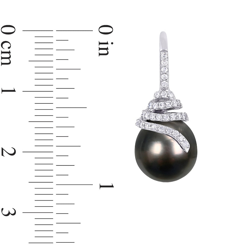 10.0-10.5mm Baroque Black Cultured Tahitian Pearl and 0.33 CT. T.W. Diamond Coil Drop Earrings in 14K White Gold