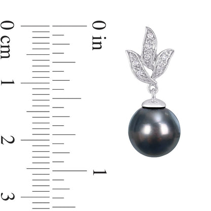 9.0-9.5mm Black Cultured Tahitian Pearl and 0.07 CT. T.W. Diamond Leaf Drop Earrings in 10K White Gold