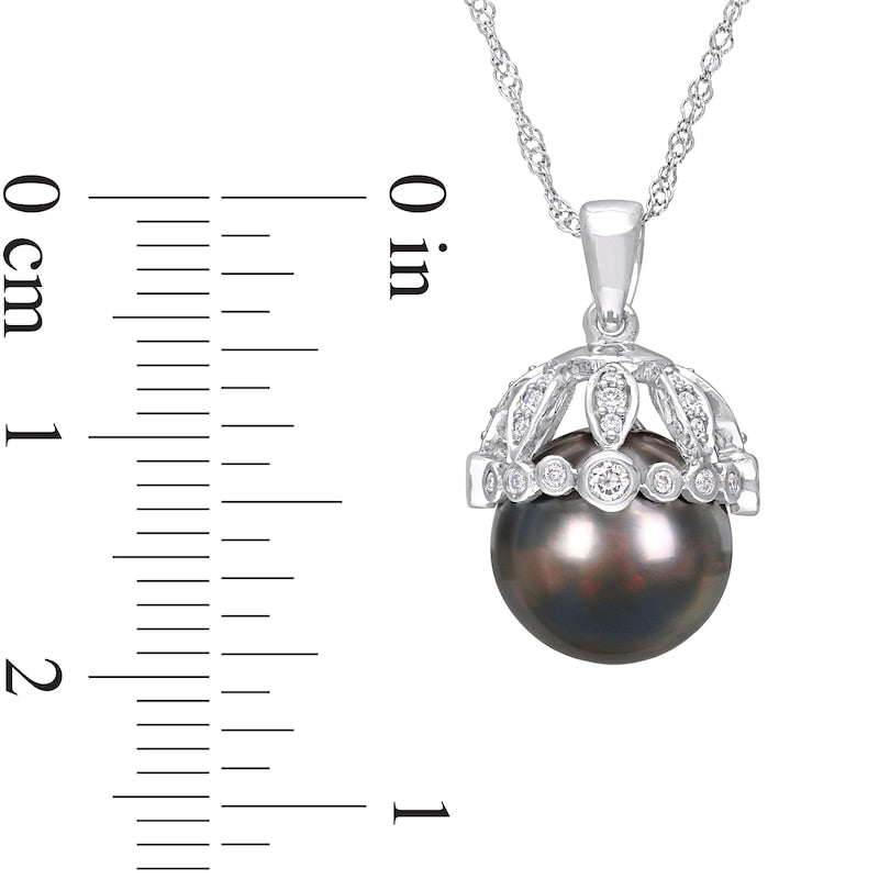 9.0-9.5mm Black Cultured Tahitian Pearl and 0.25 CT. T.W. Natural Diamond Crown Pendant in 14K White Gold- 17