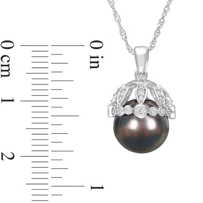 9.0-9.5mm Black Cultured Tahitian Pearl and 0.25 CT. T.W. Natural Diamond Crown Pendant in 14K White Gold- 17