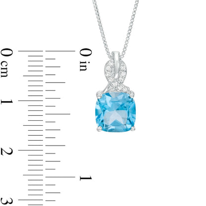 8.0mm Cushion-Cut Blue Topaz and 0.05 CT. T.W. Natural Diamond Ribbon Top Pendant in Sterling Silver