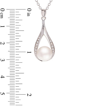 8.5-9.0mm Button Cultured Freshwater Pearl and White Topaz Teardrop Pendant in Sterling Silver - 20
