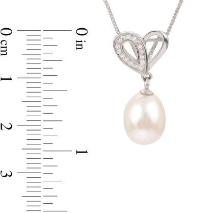 9.0-9.5mm Oval Cultured Freshwater Pearl and White Topaz Double Loop Heart Pendant in Sterling Silver