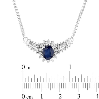 Oval Blue Sapphire and 0.5 CT. T.W. Natural Diamond Starburst Frame Necklace in 14K White Gold - 17