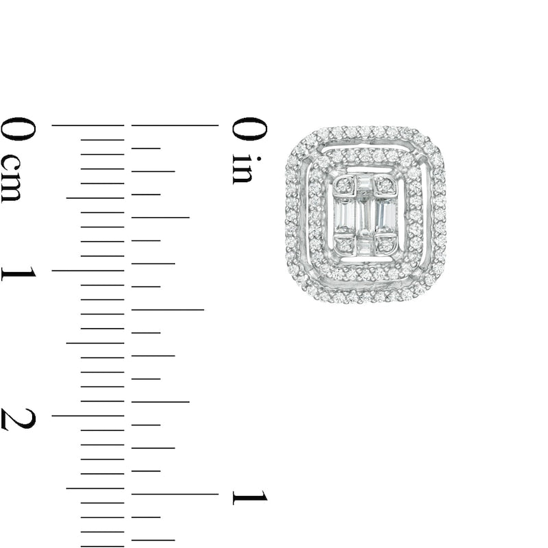 0.5 CT. T.W. Baguette and Round Diamond Double Cushion Frame Stud Earrings in 10K White Gold