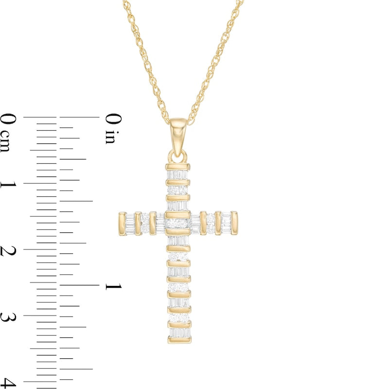 0.5 CT. T.W. Baguette and Round Natural Diamond Cross Pendant in 14K Gold