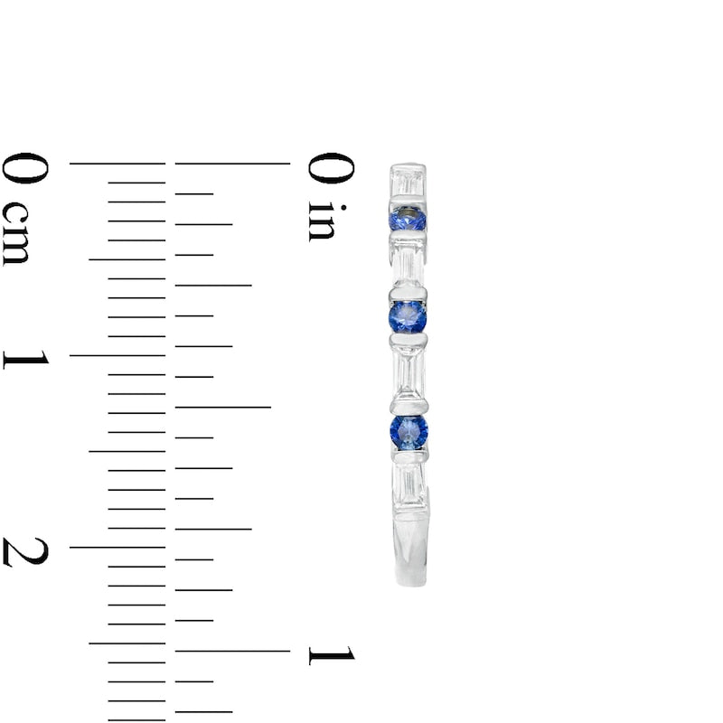 Alternating Blue Sapphire and 0.33 CT. T.W. Baguette Diamond Hoop Earrings in 10K White Gold