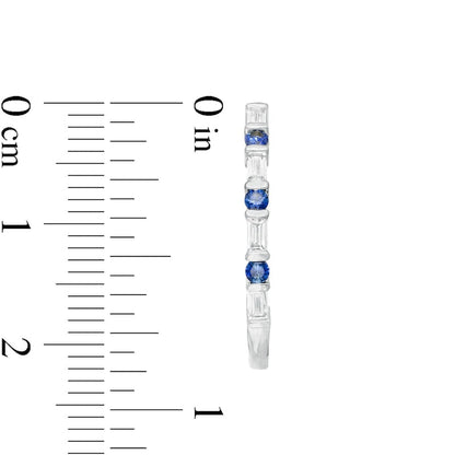 Alternating Blue Sapphire and 0.33 CT. T.W. Baguette Diamond Hoop Earrings in 10K White Gold