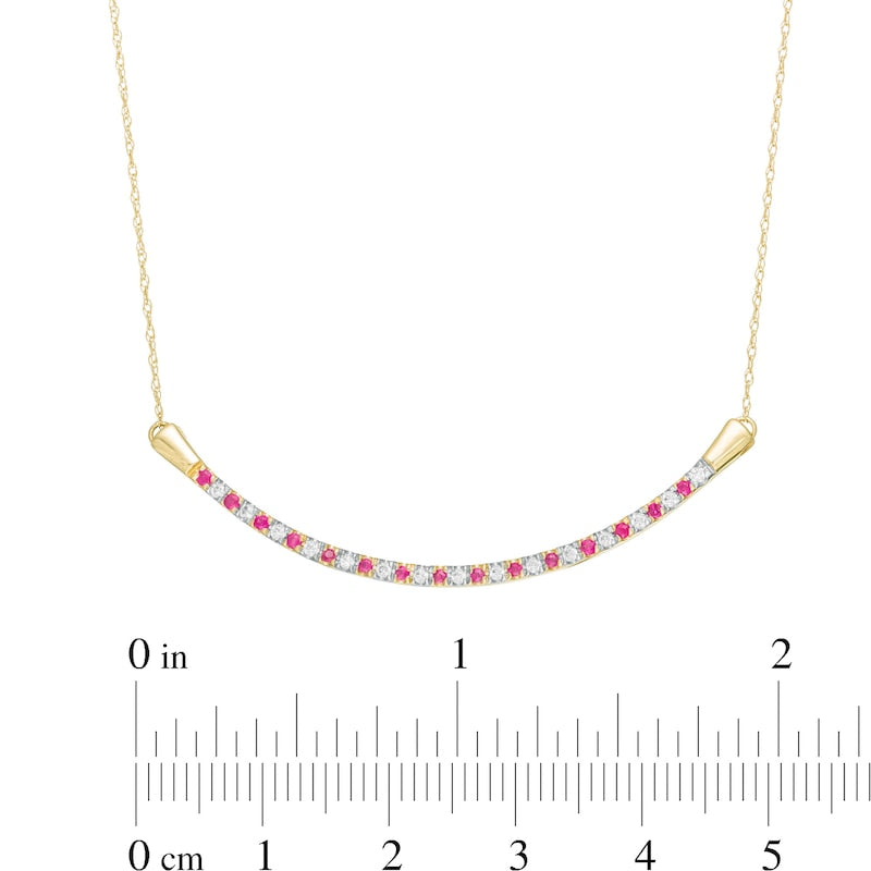 Alternating Ruby and 0.13 CT. T.W. Natural Diamond Curved Bar Necklace in 10K Yellow Gold
