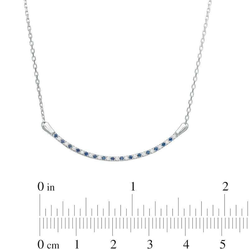 Alternating Blue Sapphire and 0.07 CT. T.W. Natural Diamond Curved Bar Necklace in 10K White Gold