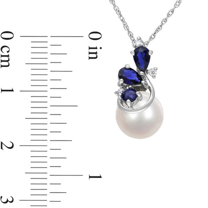 8.5-9.0mm Cultured Freshwater Pearl, Blue Sapphire and Natural Diamond Accent Pendant in 10K White Gold - 17