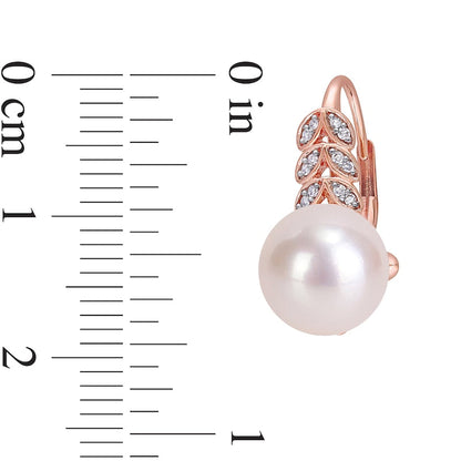 9.0-9.5mm Cultured Freshwater Pearl and 0.17 CT. T.W. Diamond Laurel Drop Earrings in 10K Rose Gold