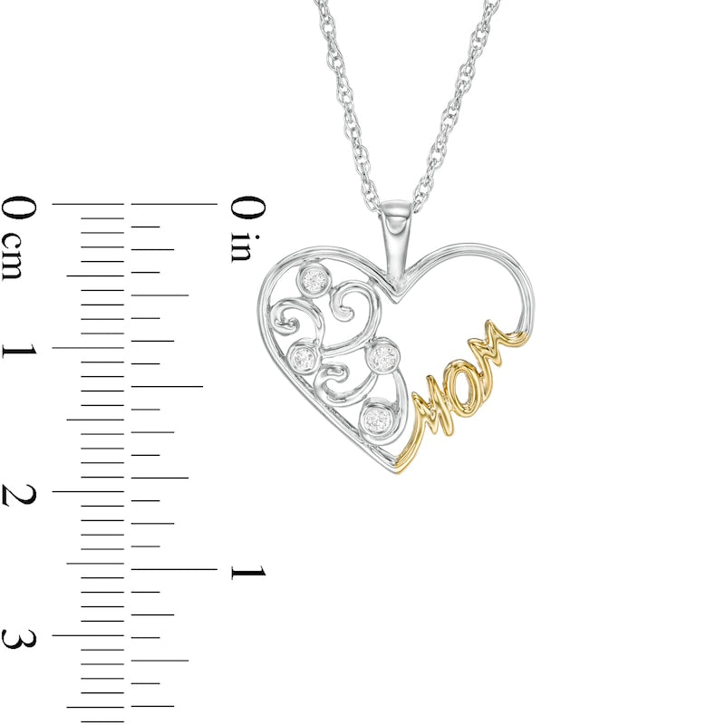 0.05 CT. T.W. Natural Diamond Filigree Heart MOM" Pendant in Sterling Silver and 10K Yellow Gold"