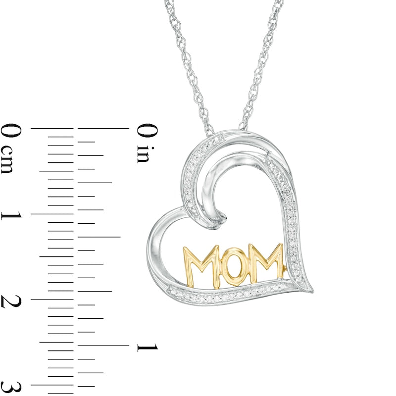 0.05 CT. T.W. Natural Diamond Tilted Heart MOM" Pendant in Sterling Silver and 10K Yellow Gold"