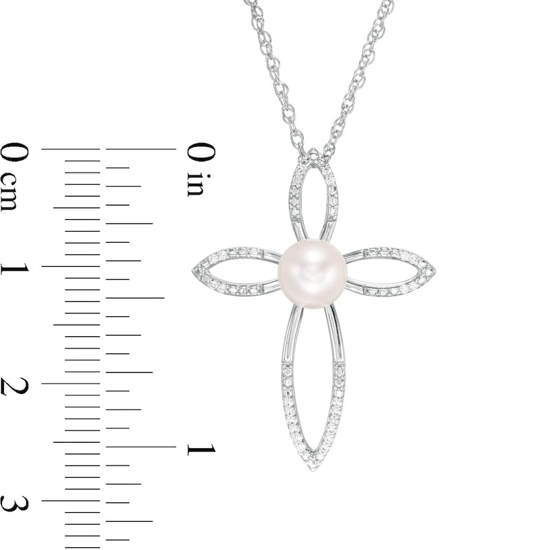 6.0mm Cultured Freshwater Pearl and 0.05 CT. T.W. Natural Diamond Cross Pendant in Sterling Silver
