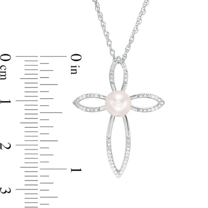 6.0mm Cultured Freshwater Pearl and 0.05 CT. T.W. Natural Diamond Cross Pendant in Sterling Silver