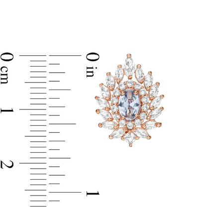 Oval Simulated Aquamarine and Lab-Created White Sapphire Flame Burst Stud Earrings in 10K Rose Gold