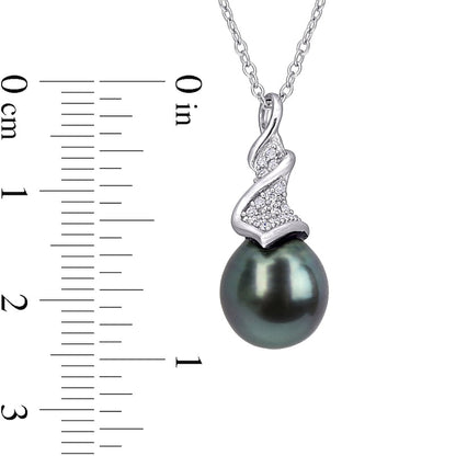 9.0-9.5mm Baroque Black Cultured Tahitian Pearl and 0.1 CT. T.W. Natural Diamond Swirl Pendant in Sterling Silver