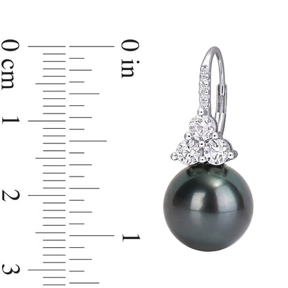 Black Cultured Tahitian Pearl, Lab-Created White Sapphire and 0.05 CT. T.W. Diamond Drop Earrings in 10K White Gold