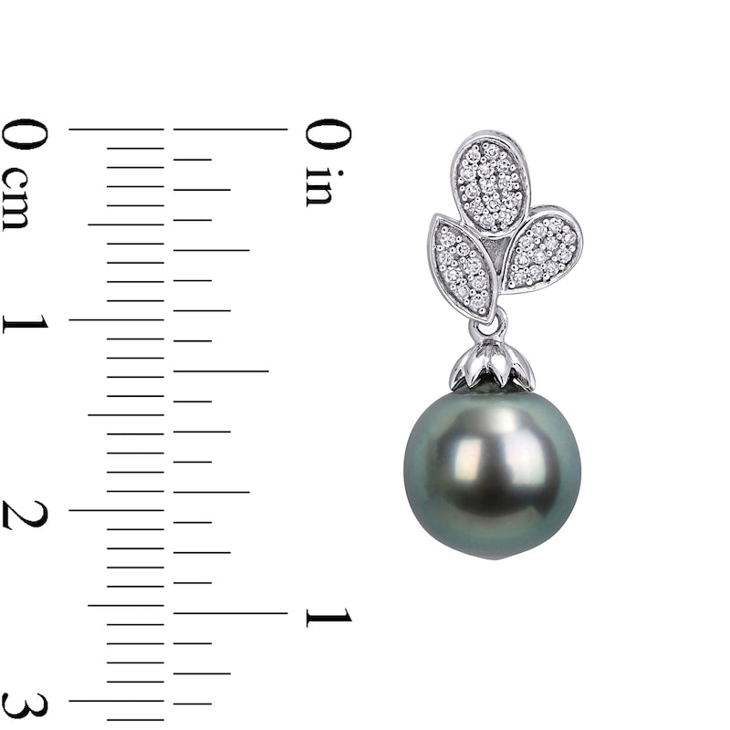 Baroque Black Cultured Tahitian Pearl and 0.2 CT. T.W. Composite Diamond Leaves Drop Earrings in 10K White Gold