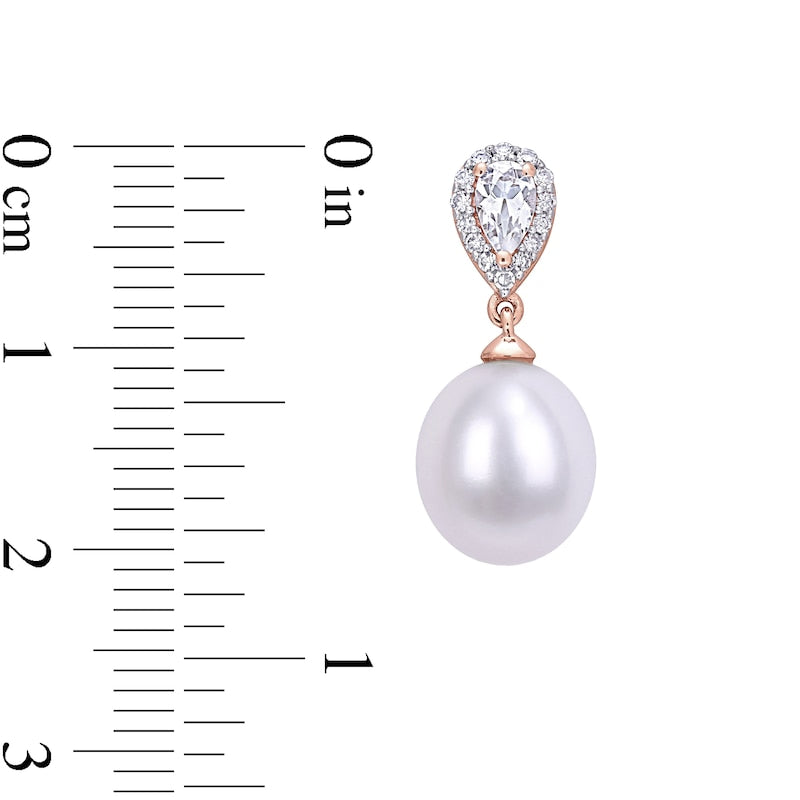 Baroque Cultured Freshwater Pearl, Pear-Shaped White Topaz and 0.13 CT. T.W. Diamond Drop Earrings in 10K Rose Gold