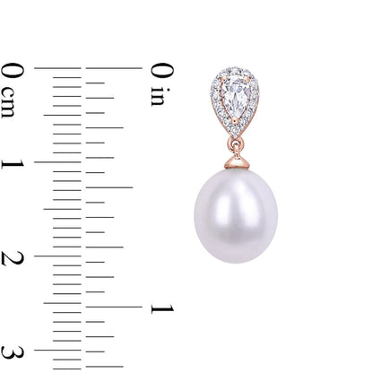 Baroque Cultured Freshwater Pearl, Pear-Shaped White Topaz and 0.13 CT. T.W. Diamond Drop Earrings in 10K Rose Gold
