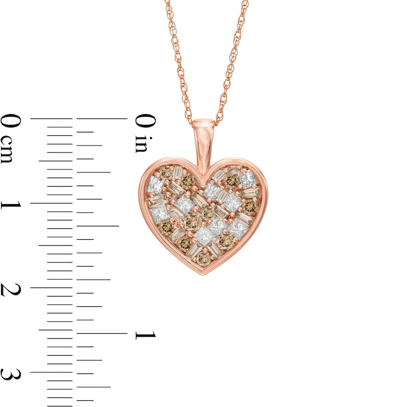 1 CT. T.W. Champagne and White Composite Natural Diamond Heart Pendant in 10K Rose Gold