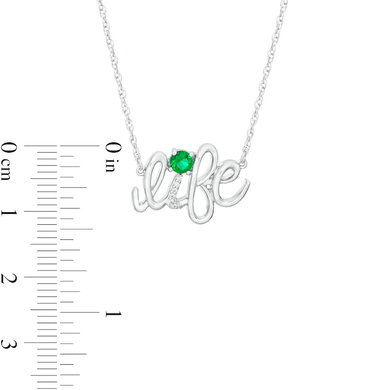 Lab-Created Emerald and Diamond Accent life" Script Necklace in Sterling Silver"