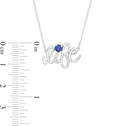 Lab-Created Blue Sapphire and Diamond Accent life" Script Necklace in Sterling Silver"