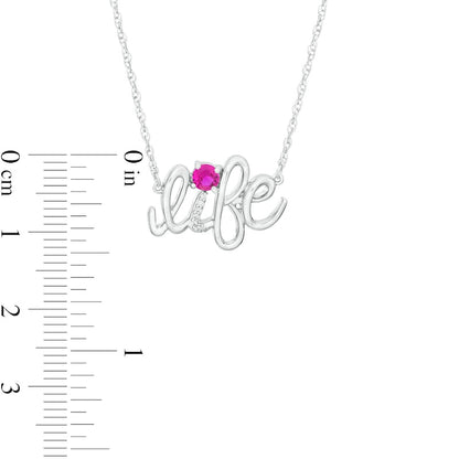 Lab-Created Ruby and Diamond Accent life" Script Necklace in Sterling Silver"