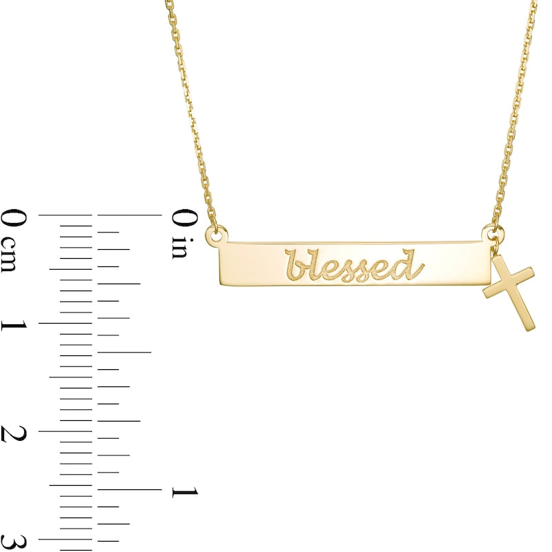 blessed" Horizontal Bar and Cross Charm Necklace in 14K Gold"