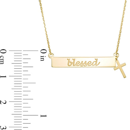 blessed" Horizontal Bar and Cross Charm Necklace in 14K Gold"