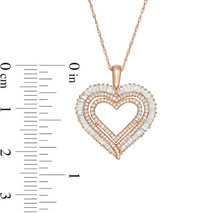 0.5 CT. T.W. Baguette and Round Natural Diamond Multi-Row Heart Pendant in 10K Rose Gold