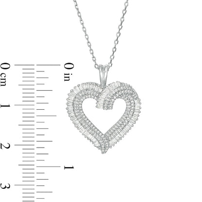 0.5 CT. T.W. Baguette and Round Natural Diamond Multi-Row Heart Pendant in 10K White Gold