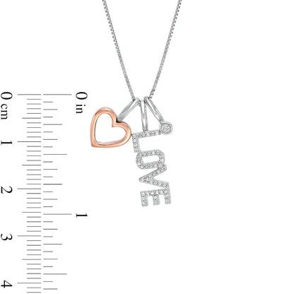 0.05 CT. T.W. Natural Diamond Outline Heart, LOVE" and Circle Charm Pendant in Sterling Silver and 10K Rose Gold"